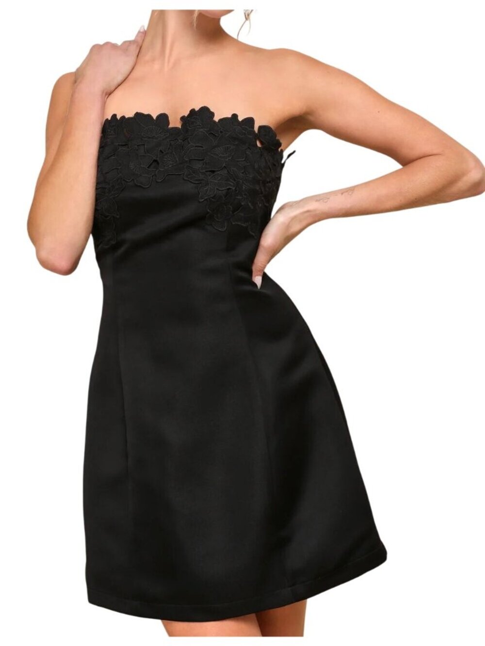 Lulus Unforgettable Icon Black Satin Strapless Floral Mini Dress Homecoming Dres